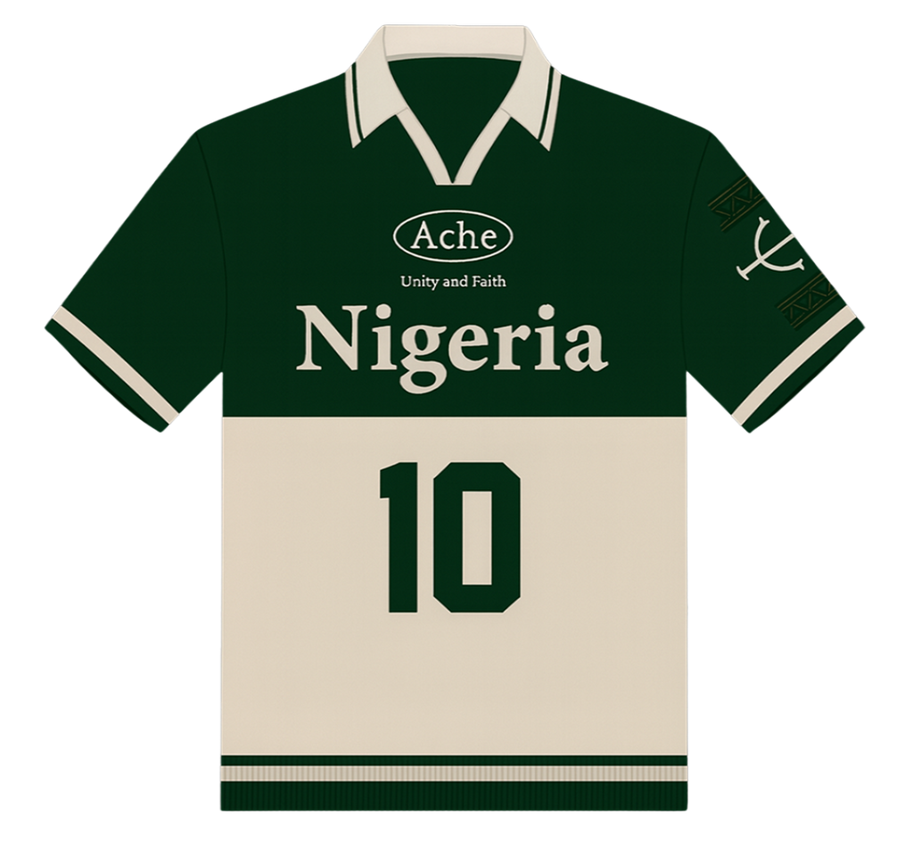 Green and beige ache active wear sports jersey with 'Nigeria' and number '10' on a white background
