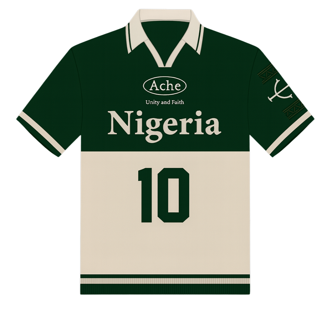 Green and beige ache active wear sports jersey with 'Nigeria' and number '10' on a white background